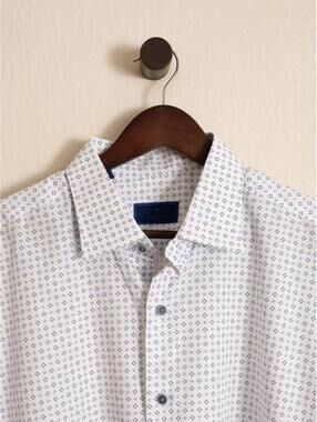 David Donahue White Geometric Print Dress Shirt